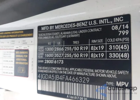 2015 Mercedes-Benz Ml 350 from USA, damaged, VIN 4JGDA5JB4FA466329